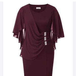 Plus Size Burgundy Ruched Midi Dress with Capelet and Rhinestone Accent